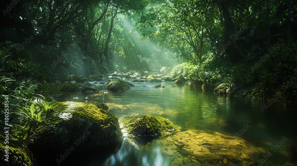 Serene Stream Winding Through Lush Jungle Landscape Serene Stream Winding Through Lush Jungle Landscape