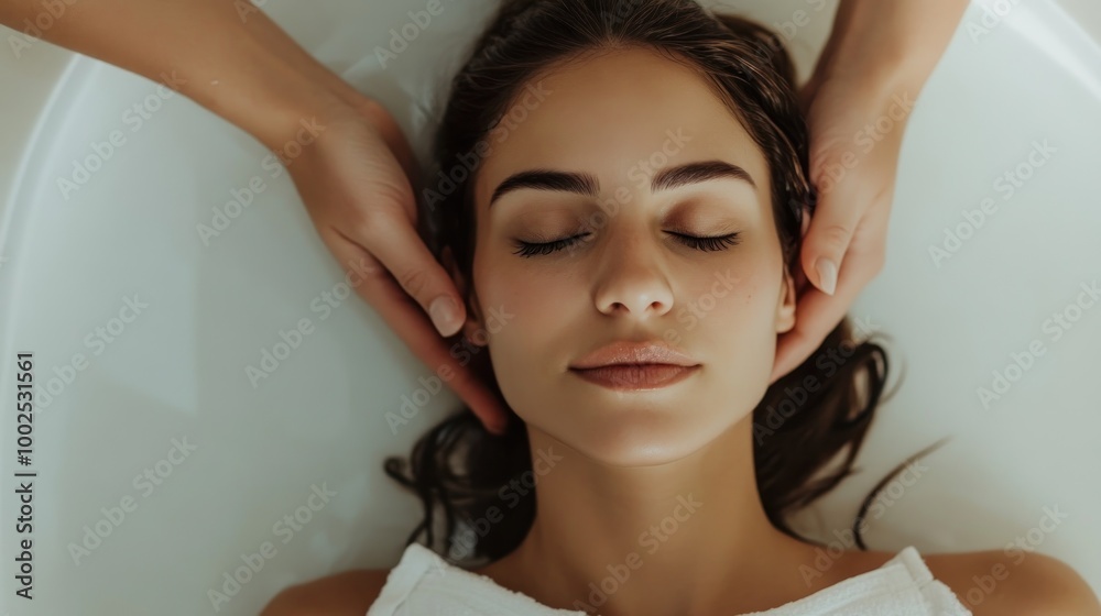 A serene woman receiving a facial treatment in a spa-like setting. A serene woman receiving a facial treatment in a spa-like setting.