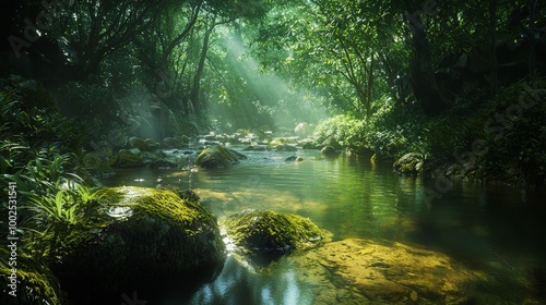 Serene Stream Winding Through Lush Jungle Landscape