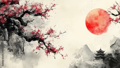 Chinese Painting Ink Horizontal Background Illustration Featuring Traditional Brushstrokes With Subtle Shades Of Black And Gray Depicting A Serene Landscape With Misty Mountains