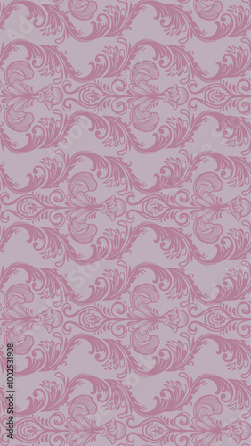 A decorative pink pattern featuring intricate swirls and floral motifs, suitable for backgrounds or textile designs.