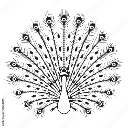 Black and White Line Art Peacock with Open Feathers