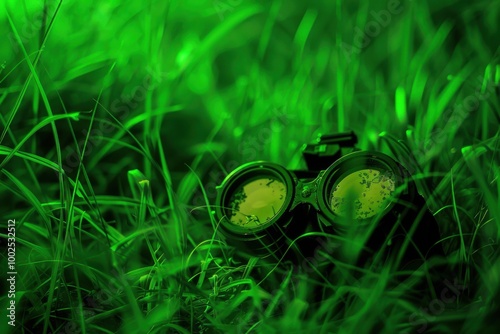 Binoculars in Grass: Outdoor Adventure and Nature Exploration Gear for Wildlife Observation