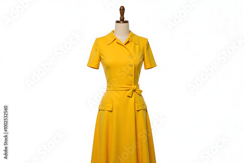 A 60s retro style full length, one piece women's plain yellow color dress for work, office or casual wear. Stylish olden days ladies fashion clothing on mannequin model, isolated on white background.
