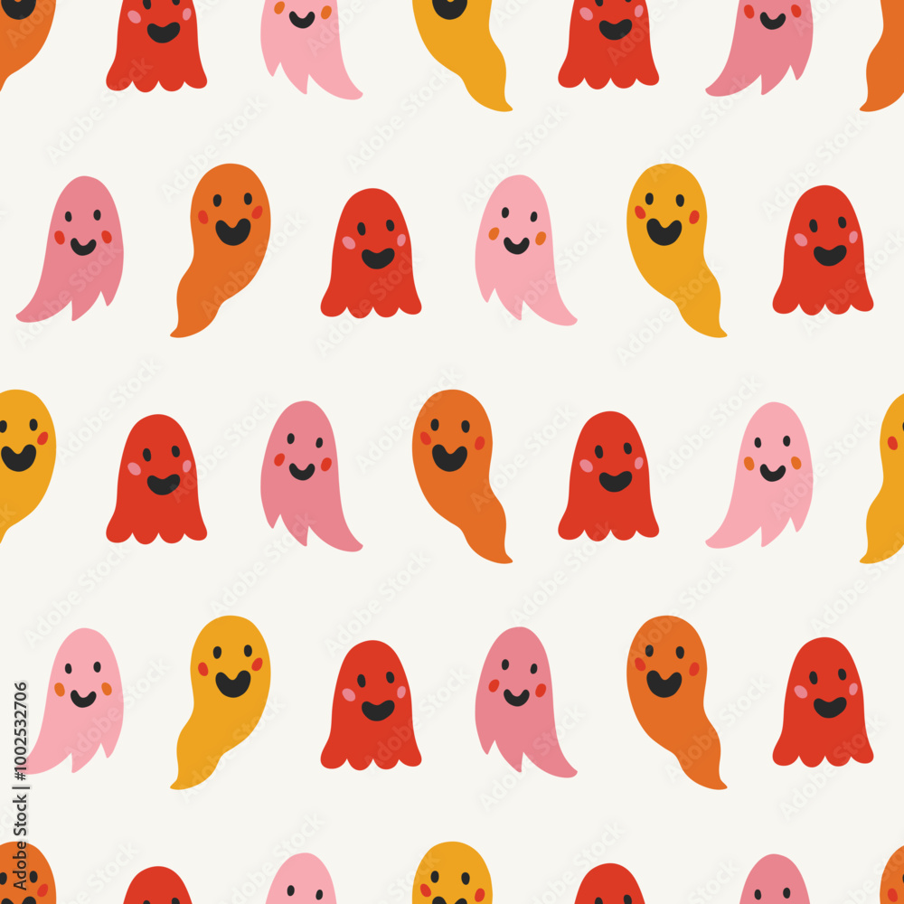Halloween seamless pattern with cute colorful ghosts on white background. Perfect for wallpaper, gift paper, autumn greeting cards. Vector illustration Halloween seamless pattern with cute colorful ghosts on white background. Perfect for wallpaper, gift paper, autumn greeting cards. Vector illustration