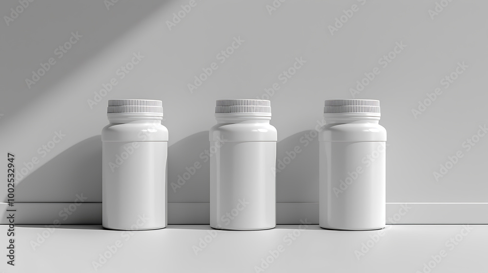 Three white plastic pill bottles, with no labels, stand in a row against a white background. Three white plastic pill bottles, with no labels, stand in a row against a white background.