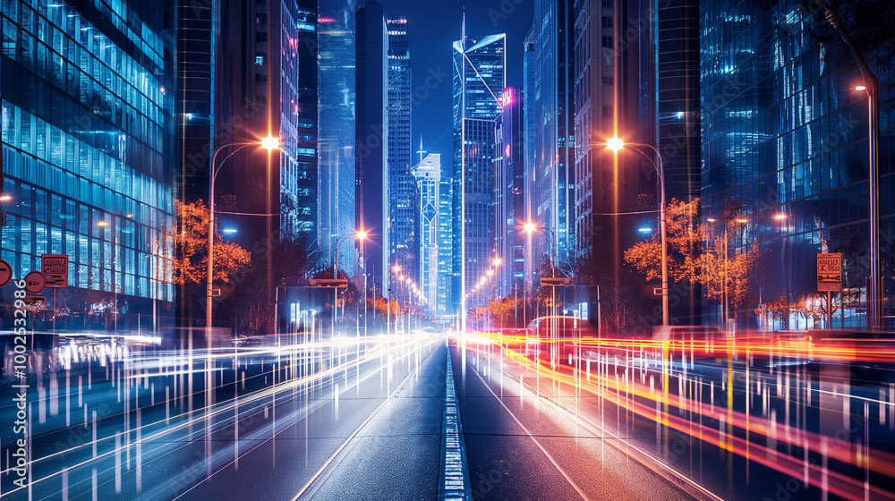 Modern Skyscraper Avenue at Night Modern Skyscraper Avenue at Night