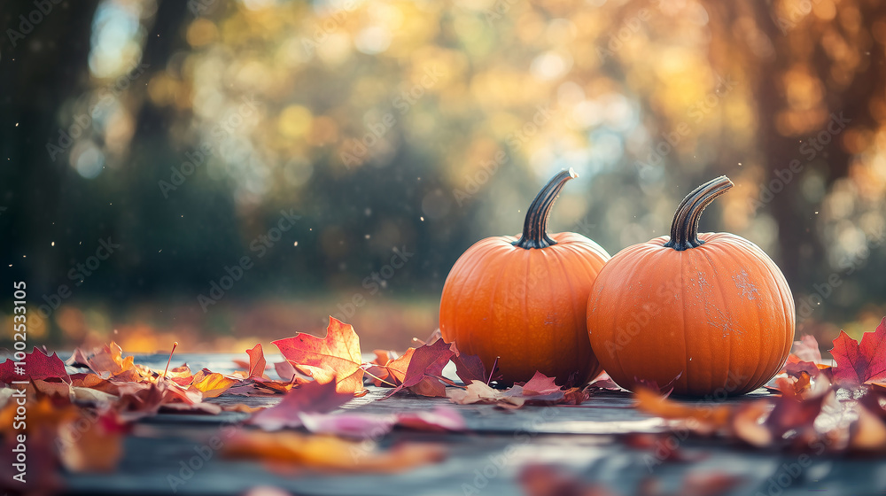 A warm autumn scene of pumpkins and colorful leaves resting on a rustic wooden table