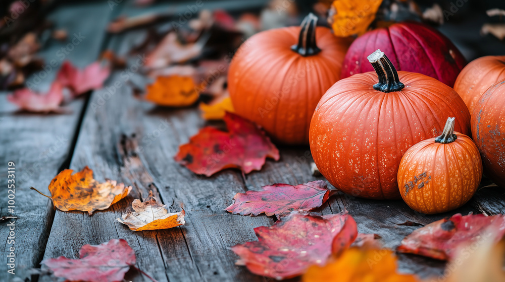A warm autumn scene of pumpkins and colorful leaves resting on a rustic wooden table