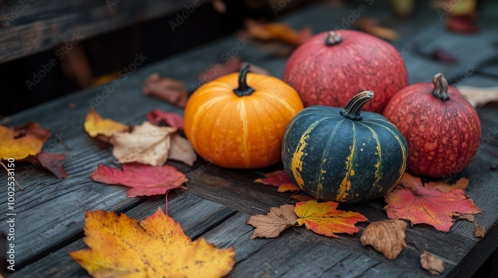 A warm autumn scene of pumpkins and colorful leaves resting on a rustic wooden table
