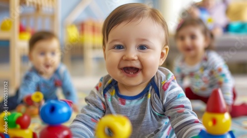 Three happy babies in grey bodysuits play among colorful toys, exuding joy and individuality. One baby stands out with blue eyes and blonde hair, creating a dynamic and candid scene.