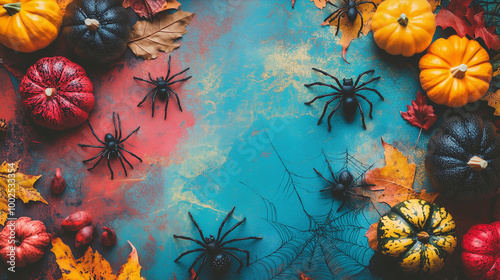 Obraz na płótnie Autumn Halloween flat lay with spiders, web decorations, and festive elements spread over a bright, colorful background w salonie