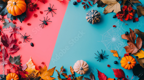 Obraz na płótnie Autumn Halloween flat lay with spiders, web decorations, and festive elements spread over a bright, colorful background w salonie
