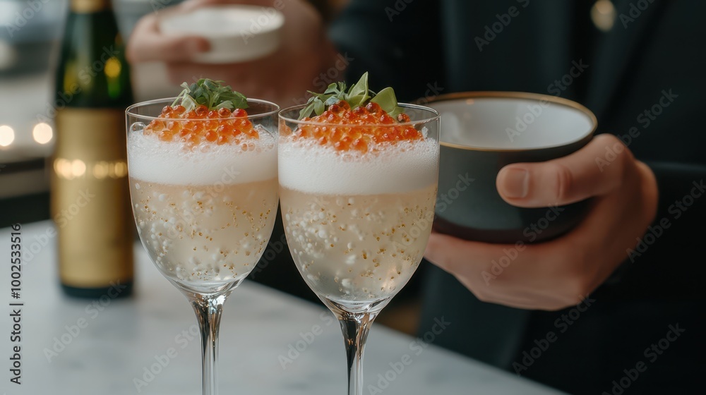 two glasses of champagne with orange garnish