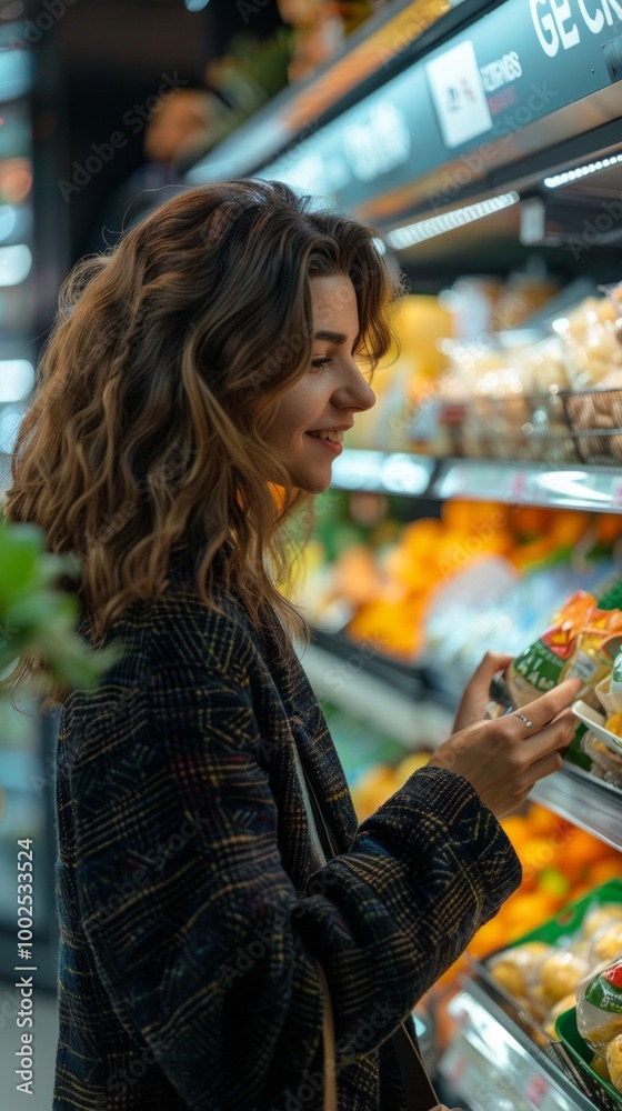 Obraz premium Young woman shopping, brown curly hair, coat, at fruit display, holding fruit, smiling at camera, cheerful atmosphere, necklace accessorized.