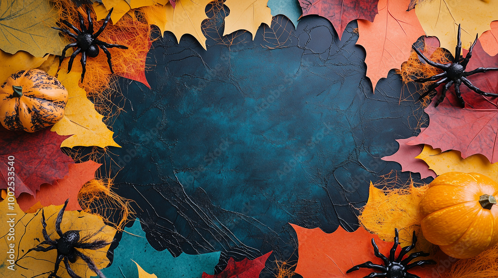 Colorful Halloween flat lay mockup, spider webs and creepy decorations laid out on a mix of autumn-inspired colored paper