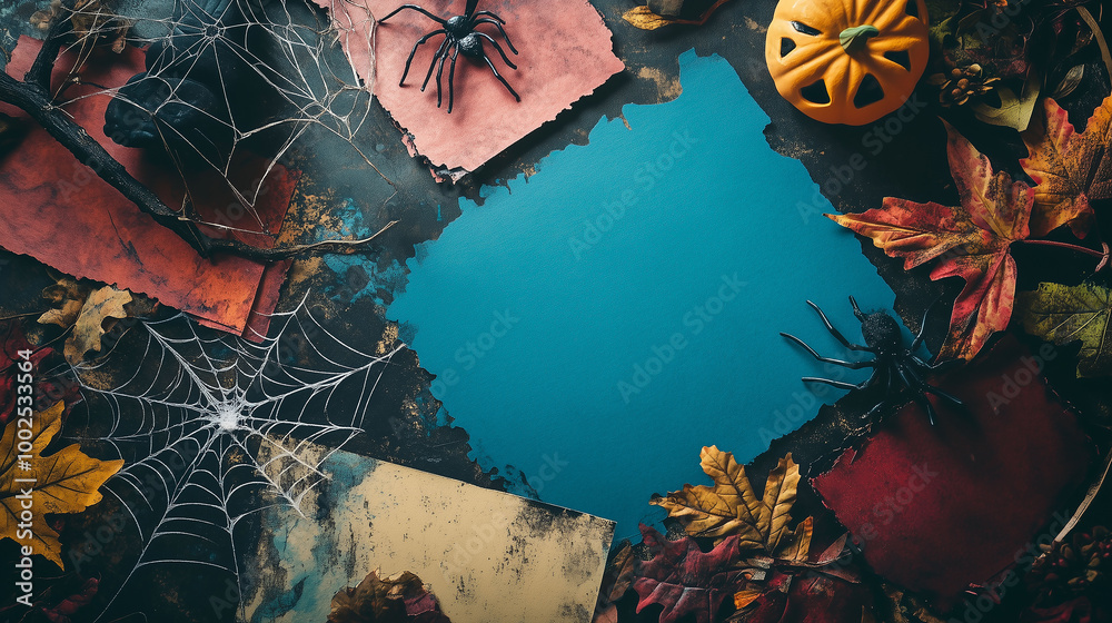 Colorful Halloween flat lay mockup, spider webs and creepy decorations laid out on a mix of autumn-inspired colored paper
