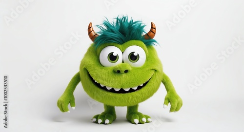 Cheerful green monster with big eyes and a goofy grin on a pure white background