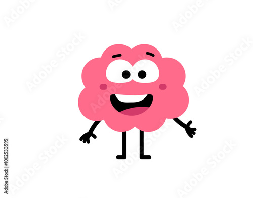 Vector cartoon illustration of cute happy brain character with open mouth and big eye on white color background. Flat doodle style design of smile brain stand