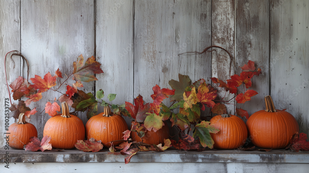 Festive fall arrangement of pumpkins and autumn leaves against a weathered wood background