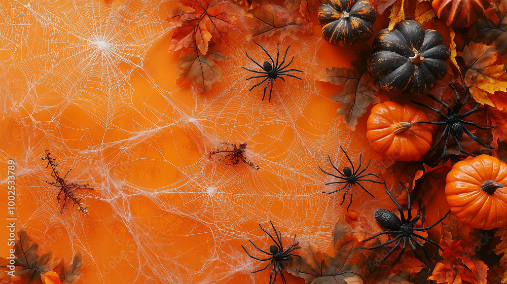 Creative flat lay for Halloween featuring spiders, webs, and eerie decorations on a vivid autumn-colored background