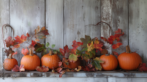 Obraz na płótnie Festive fall arrangement of pumpkins and autumn leaves against a weathered wood background w salonie