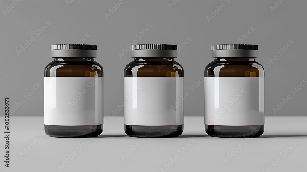 Three amber glass bottles with black lids and blank white labels, ready for your design. Three amber glass bottles with black lids and blank white labels, ready for your design.