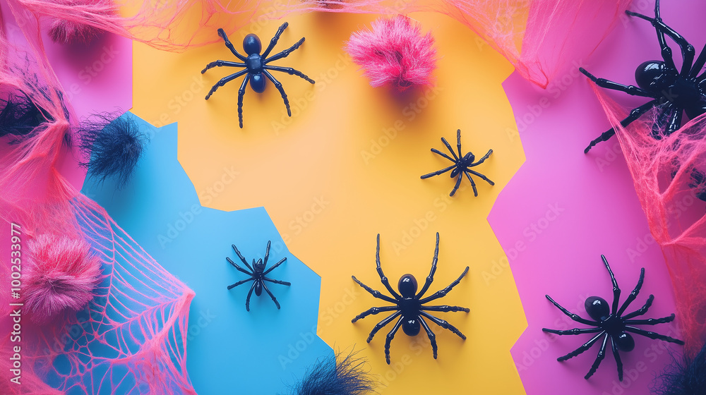 Halloween decoration flat lay with spider webs, plastic spiders, and seasonal decorations arranged on various colored backgrounds