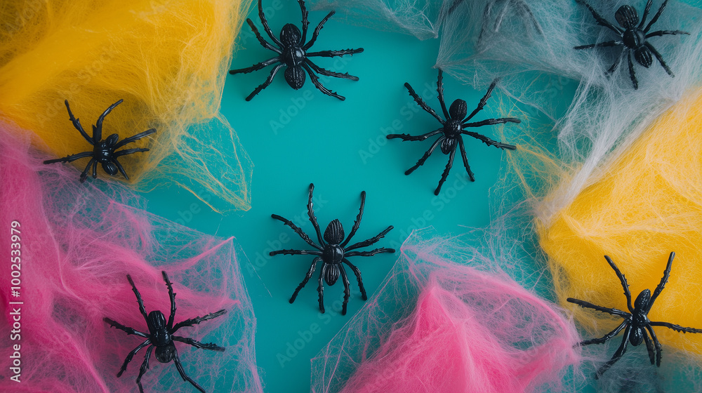 Halloween decoration flat lay with spider webs, plastic spiders, and seasonal decorations arranged on various colored backgrounds