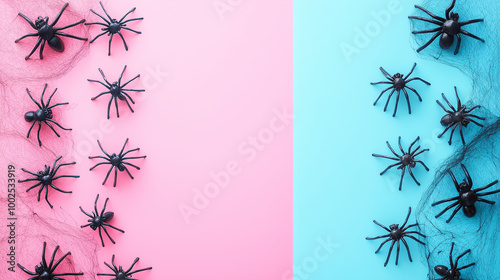 Obraz na płótnie Halloween decoration flat lay with spider webs, plastic spiders, and seasonal decorations arranged on various colored backgrounds w salonie