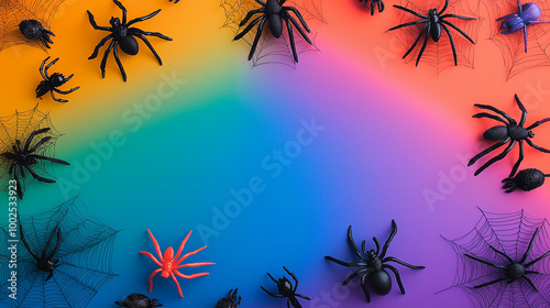 Obraz na płótnie Halloween decoration flat lay with spider webs, plastic spiders, and seasonal decorations arranged on various colored backgrounds w salonie