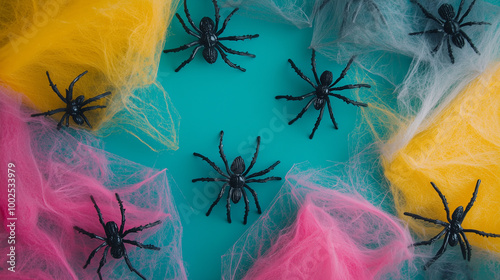 Obraz na płótnie Halloween decoration flat lay with spider webs, plastic spiders, and seasonal decorations arranged on various colored backgrounds w salonie