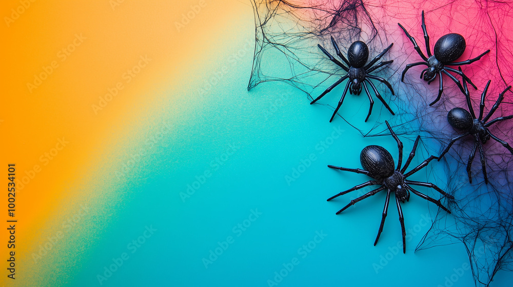 Halloween-themed flat lay mockup, spooky spiders and webs on a mix of vibrant, fall-inspired colored backgrounds