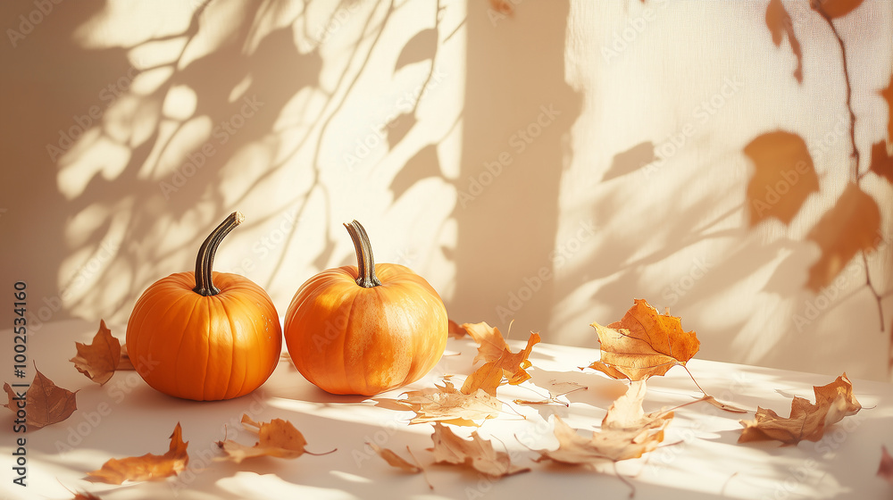 Orange pumpkins surrounded by dried autumn leaves in warm sunlight on a pale table, minimal and clean layout