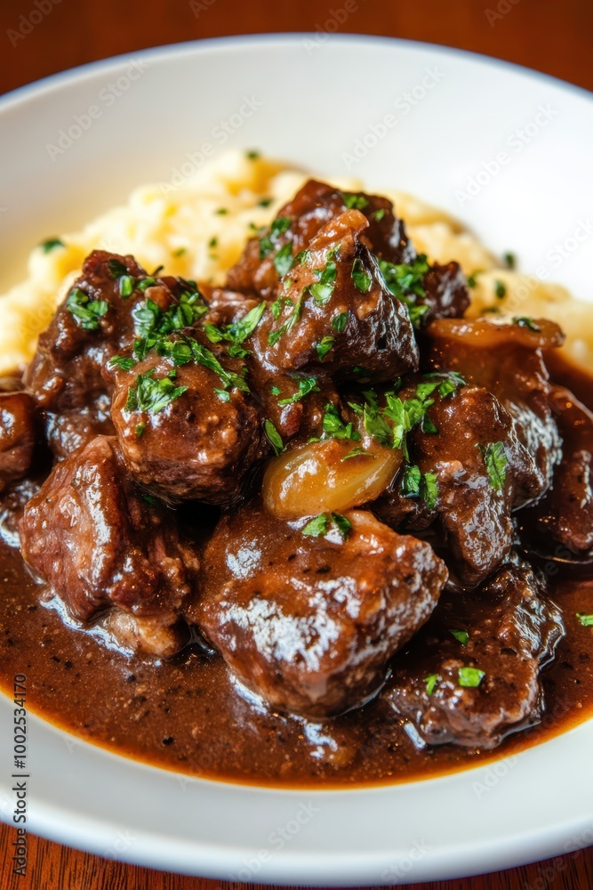 a plate of beef and mashed potatoes with gravy a plate of beef and mashed potatoes with gravy