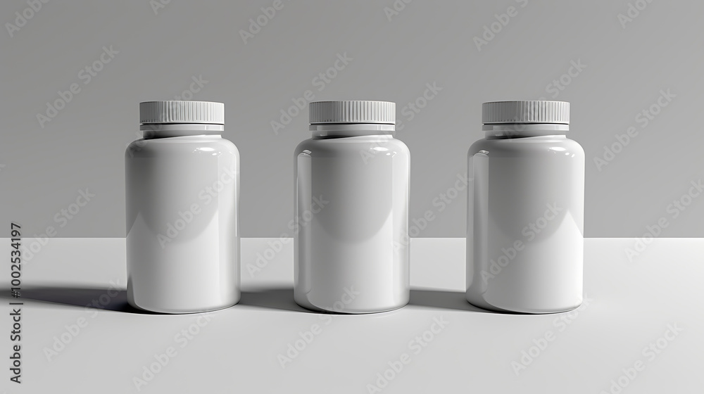 Three white plastic bottles with caps, arranged in a row on a white surface. Three white plastic bottles with caps, arranged in a row on a white surface.