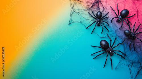 Obraz na płótnie Halloween-themed flat lay mockup, spooky spiders and webs on a mix of vibrant, fall-inspired colored backgrounds w salonie