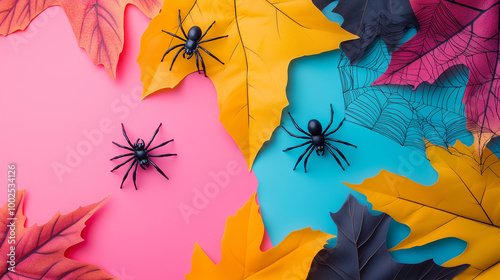 Obraz na płótnie Halloween-themed flat lay mockup, spooky spiders and webs on a mix of vibrant, fall-inspired colored backgrounds w salonie