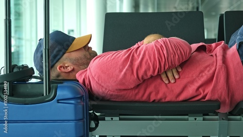 Tired Passenger Experiencing Jet Lag Taking a Nap on Bench at Airport Terminal Waiting for Connecting Flight in Departure Hall Transfer Area 