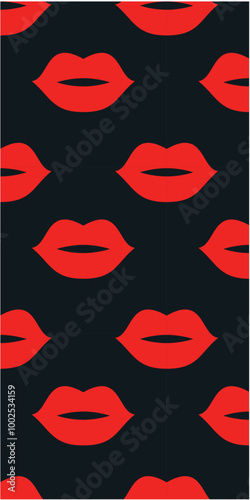 A repeating pattern of red lips on a black background, creating a bold and playful graphic design.