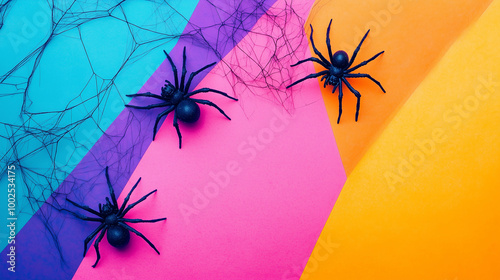 Obraz na płótnie Halloween-themed flat lay mockup, spooky spiders and webs on a mix of vibrant, fall-inspired colored backgrounds w salonie