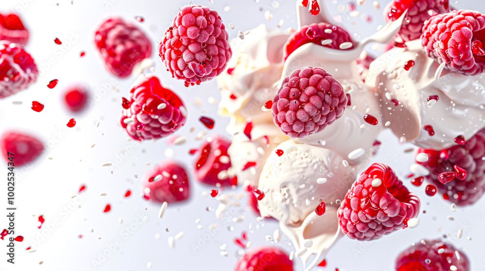 Raspberry ice cream. Close-up - a handful of juicy raspberries mixed with vanilla ice cream in the air. Raspberries are scattered all over the image, some of them falling on the whipped cream Raspberry ice cream. Close-up - a handful of juicy raspberries mixed with vanilla ice cream in the air. Raspberries are scattered all over the image, some of them falling on the whipped cream