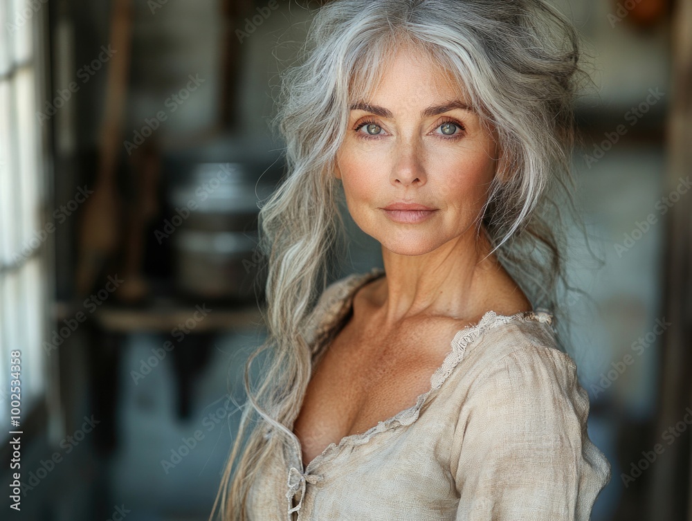 Elegant mature woman in rustic setting with natural gray hair and serene expression Elegant mature woman in rustic setting with natural gray hair and serene expression