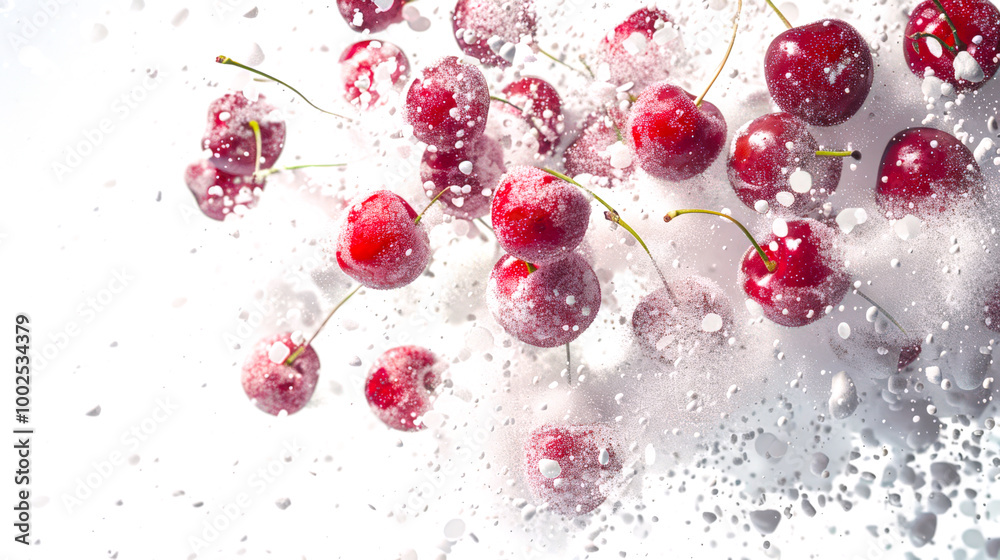 A handful of juicy cherries is sprinkled with powdered sugar. Delicious dessert. A healthy snack. Cherry berries float in the air mixing with powdered sugar. A natural organic product A handful of juicy cherries is sprinkled with powdered sugar. Delicious dessert. A healthy snack. Cherry berries float in the air mixing with powdered sugar. A natural organic product