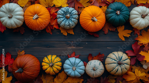 Obraz na płótnie Pumpkins of different shapes and colors lined up with vibrant autumn leaves on a wooden backdrop w salonie