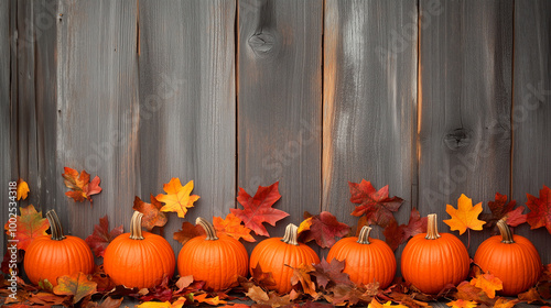 Obraz na płótnie Pumpkins and leaves displayed along a wooden surface, perfect for fall-themed designs w salonie