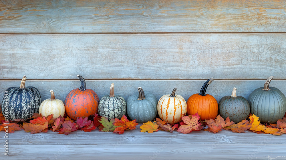 Pumpkins of different shapes and colors lined up with vibrant autumn leaves on a wooden backdrop