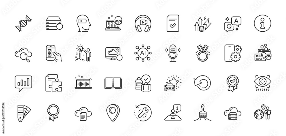 Brush, Headphones and Cyber attack line icons pack. AI, Question and Answer, Map pin icons. File storage, Inspect, Interview web icon. Mobile survey, Creative idea, Book pictogram. Vector Brush, Headphones and Cyber attack line icons pack. AI, Question and Answer, Map pin icons. File storage, Inspect, Interview web icon. Mobile survey, Creative idea, Book pictogram. Vector
