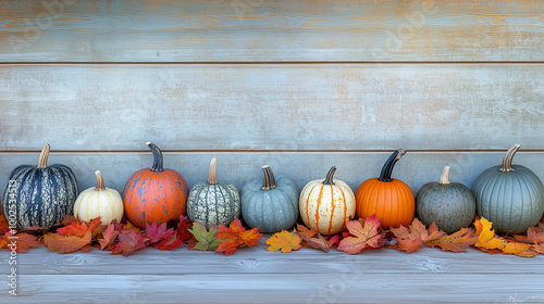 Obraz na płótnie Pumpkins of different shapes and colors lined up with vibrant autumn leaves on a wooden backdrop w salonie