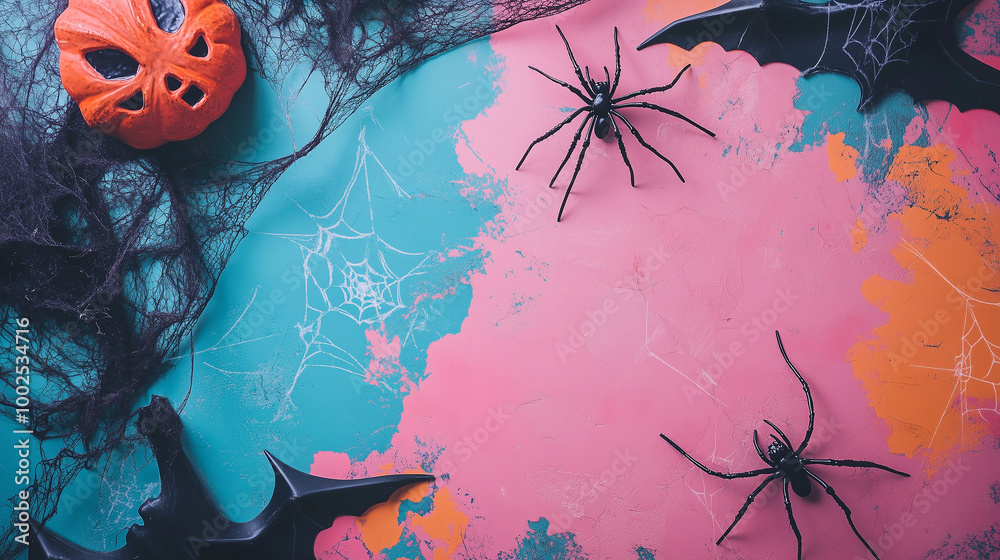 Spooky Halloween flat lay with spider webs, spiders, and other decorations spread on a multi-colored backdrop